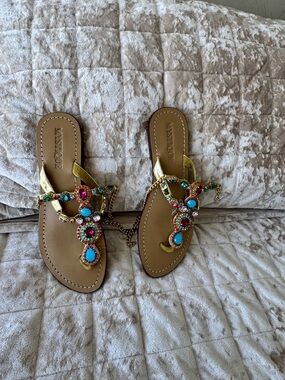 Mystique Boutique Gold Gemstone Embellished Turquoise Accent Sandals